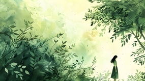 绿色清新水彩风树林少女绘画作品图片